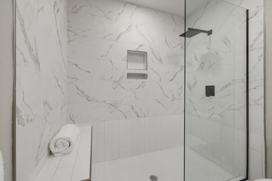 Modern walk-in shower with elegant tile design